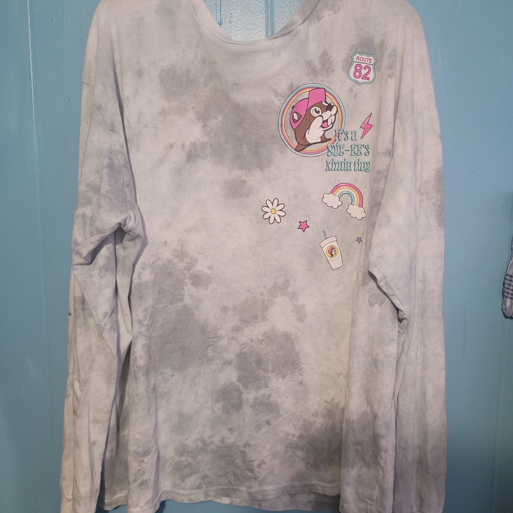 Womens Light Gray Tie-Dye Long Sleeve Graphic Tee with Cute Character